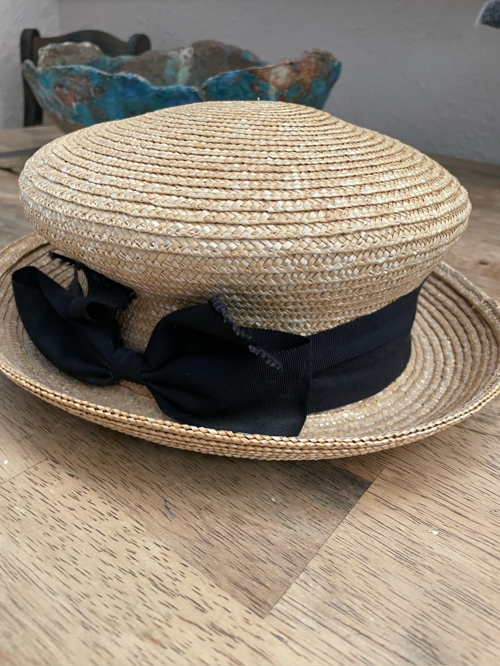 Vintage Straw Boater Hat Black Grosgrain Bow Skimmer 7" Opening high crown deco